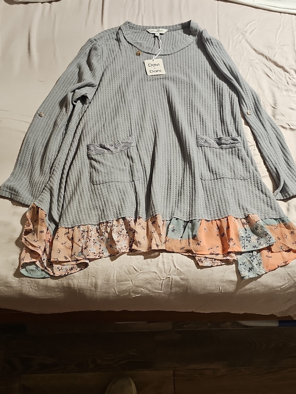 DAVI & DANI Pale Blue Waffle Knit Tunic with Floral Ruffle Hem